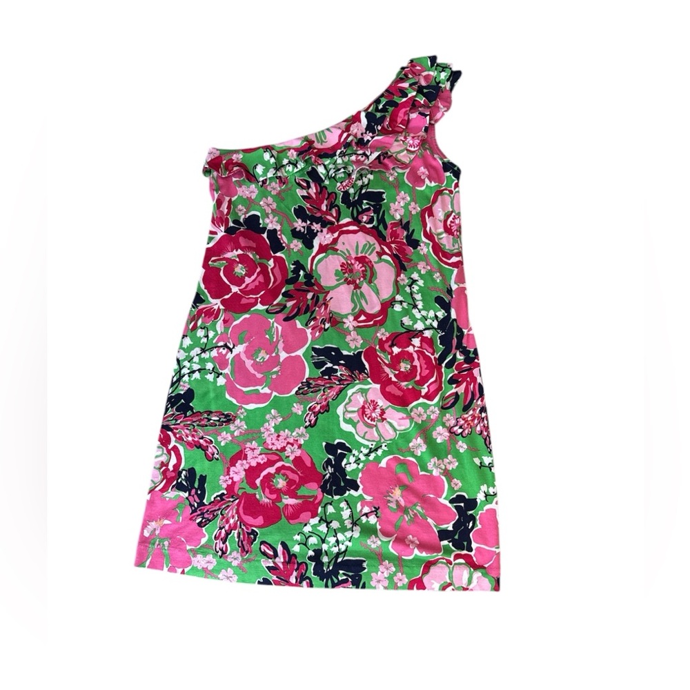 Lilly Pulitzer Women Pink Navy Floral‎ One Shoulder Ruffled Silk Cotton Dress L